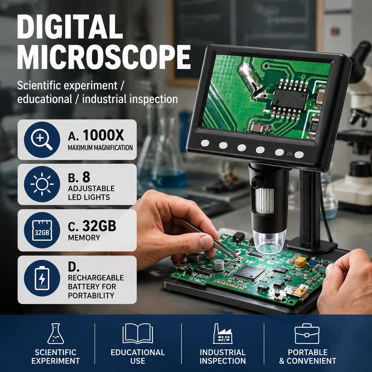 Diy Electronics Microscope - Inspectiemicroscoop 1000x vergroting met 8 LED-verlichting